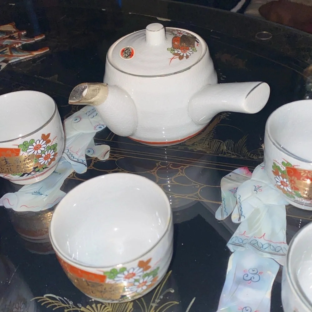 Japanese Porcelain Tea Set 6pc Teacups Teapot Vtg Kyusu Yunomi Tokoname Ware